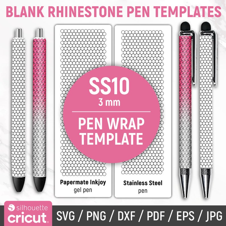 May include: A digital download template for creating a pen wrap using 3 mm rhinestones. The template includes two pen designs, one for a Papermate Inkjoy gel pen and one for a stainless steel pen. The template is available in SVG, PNG, DXF, PDF, EPS, and JPG formats.