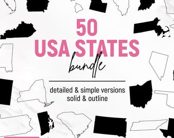 Op de afbeelding: Een digitale download van 50 Amerikaanse staatsschetsen in zowel gedetailleerde als eenvoudige versies. De schetsen zijn beschikbaar in zwart-wit en perfect voor knutselprojecten.