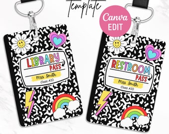 Classroom Hall Passes, Bathroom Pass, Nurse Pass, Composition Notebook, Teachers Hall Pass, Back to School Pass, Groovy, Retro Decor, Canva