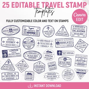 Timbro di viaggio modificabile, adesivi per timbri di viaggio per passaporti, timbri di viaggio per le vacanze, clipart di timbri, timbro postale, timbro turistico, fai da te, modificabile su Canva