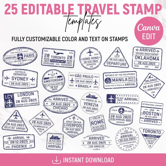 Editable Travel Stamp, Passport Travel Stamps Stickers, Vacation Travel Stamps, Stamps Clipart, Postmark, Stamp Tourism, DIY, Canva Editable