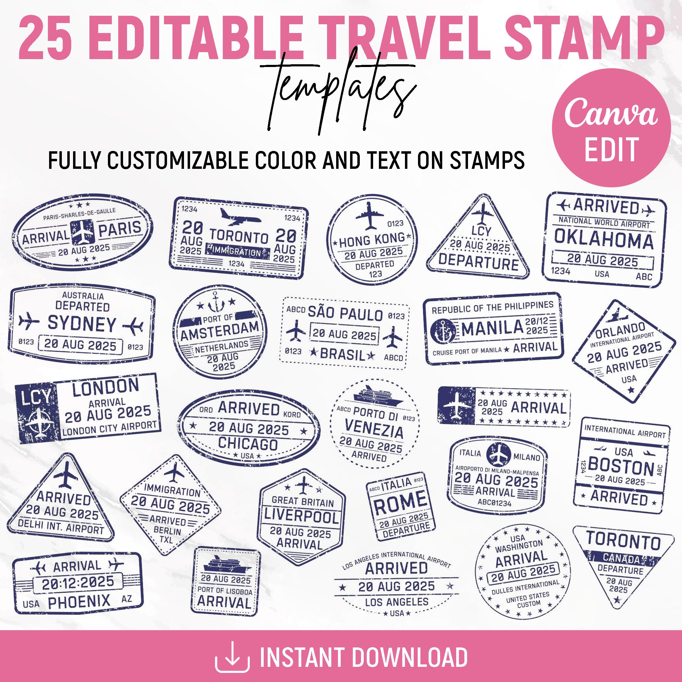 Bearbeitbarer Reisestempel, Pass-Reisestempel-Aufkleber, Urlaubsreise-Stempel, Stempel-Clipart, Poststempel, Stempel-Tourismus, DIY, Canva bearbeitbar