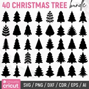 May include: A collection of 40 black Christmas tree silhouettes in various styles. The text "40 CHRISTMAS TREE bundle" is displayed in pink at the top. The image also includes the Silhouette and Cricut logos, along with file type options.