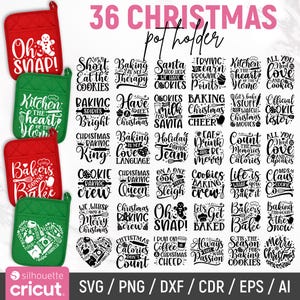May include: Red and green Christmas pot holders featuring baking-related phrases and graphics. The image also includes the text "36 Christmas pot holder" and SVG, PNG, DXF, CDR, EPS, and AI file formats.