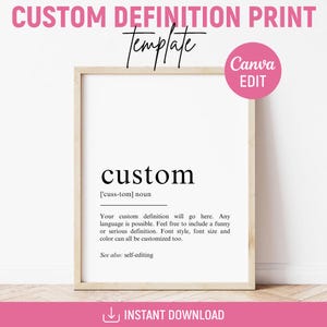 Könnte beinhalten: Gerahmter Druck mit dem Wort "custom" in schwarzer Schrift, seiner Aussprache und einer Definition. Der Druck hat einen weißen Hintergrund und einen hellen Holzrahmen. Der Text "CUSTOM DEFINITION PRINT" und "Template" steht oben.