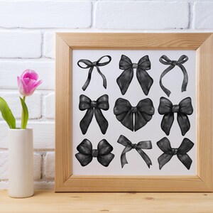 May include: A framed print with a white background and nine black and white illustrations of bows. The bows are drawn in a realistic style and are arranged in a grid pattern.