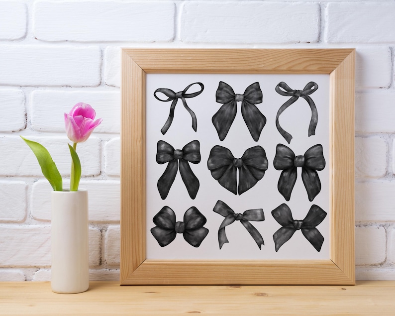 May include: A framed print with a white background and nine black and white illustrations of bows. The bows are drawn in a realistic style and are arranged in a grid pattern.