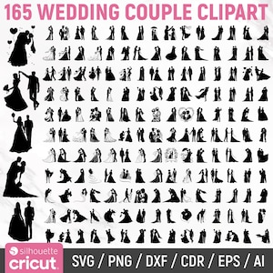 Op de afbeelding: Een verzameling van 165 silhouetten van trouwpaar-clipart in zwart. De afbeeldingen tonen stellen in verschillende poses, zoals handen vasthouden, dansen en omhelzen. De tekst "WEDDING COUPLE CLIPART" staat bovenaan.