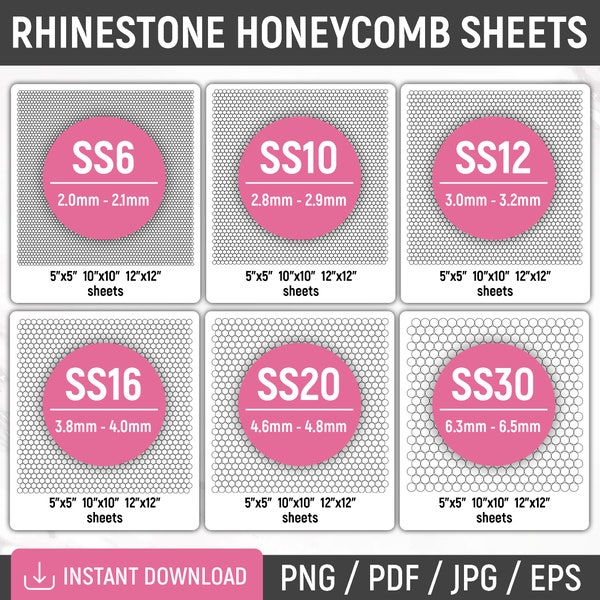Rhinestone Honeycomb Sheet Bundle, SS6, SS10, SS12, SS16, SS20, SS30, Blank Rhinestone Pattern, Rhinestone Template, Honeycomb Pattern