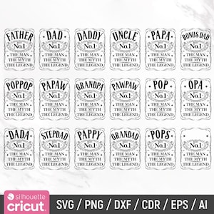 Pode incluir: Gr&aacute;ficos em preto e branco com t&iacute;tulos como "Pai" e "Papai". Cada design inclui o texto "Best No.1" e "The Man, The Myth, The Legend".