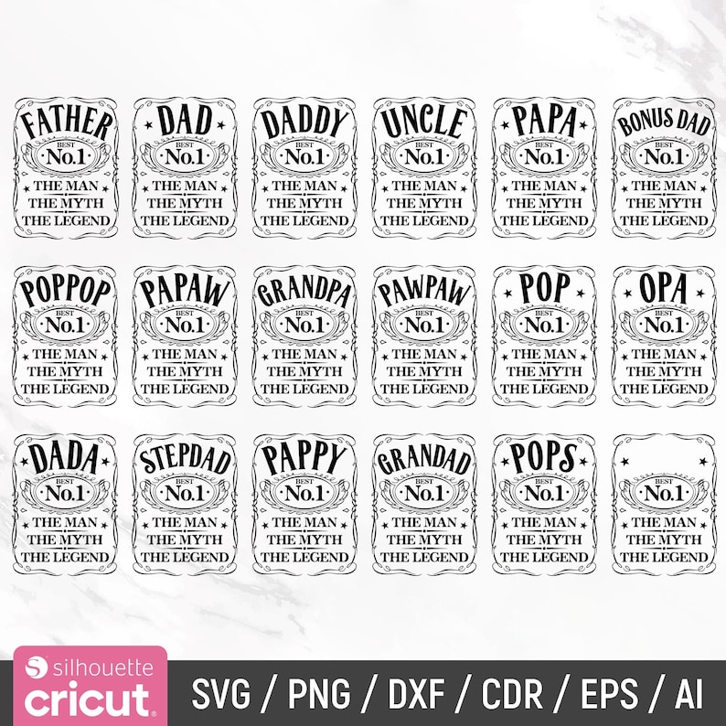 Pode incluir: Gr&aacute;ficos em preto e branco com t&iacute;tulos como "Pai" e "Papai". Cada design inclui o texto "Best No.1" e "The Man, The Myth, The Legend".