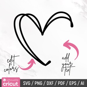 May include: A black and white outline of a heart with the text "edit colors" and "add your text" on either side of the heart. Arrows point to the text.