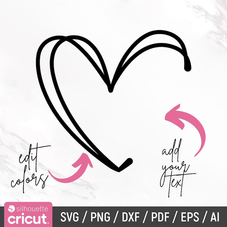 May include: A black and white outline of a heart with the text "edit colors" and "add your text" on either side of the heart. Arrows point to the text.