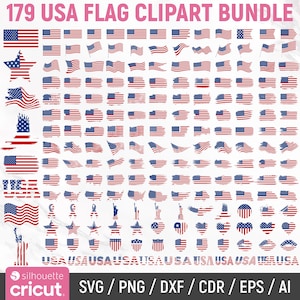 Puede incluir: Una colección digital de 179 cliparts de la bandera de EE. UU. con varios estilos, incluyendo banderas ondeantes, estrellas, corazones, escudos y la Estatua de la Libertad. El conjunto incluye el texto 179 USA FLAG CLIPART BUNDLE y formatos SVG, PNG, DXF, CDR, EPS, AI.