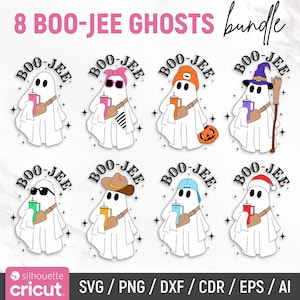 May include: A set of eight digital cut files featuring cute ghost illustrations with different accessories and the text "BOO-JEE" in a black and white font. The ghosts are holding a beverage and have a strap across their chest. The accessories include a cowboy hat, a witch hat, a Santa hat, sunglasses, a bandana, a beanie, and a baseball cap.