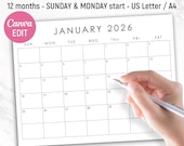 2026 Calendar Planner Template, Monthly Planner Pages, Monthly Calendar, US Letter, A4, Monday & Sunday Start, Printable, Canva Editable