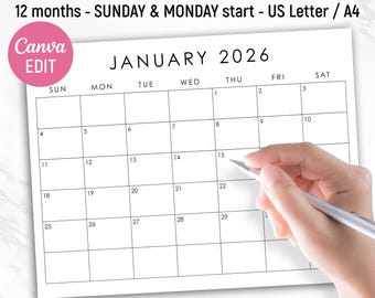 2026 Calendar Planner Template, Monthly Planner Pages, Monthly Calendar, US Letter, A4, Monday & Sunday Start, Printable, Canva Editable