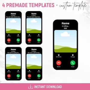 May include: Four phone screen templates for social media posts. Each template features a black phone screen with a green and blue landscape image, a white cloud, and a call notification. The text on the screen reads "Name is calling..." followed by a short phrase. The bottom of the screen shows buttons for "Remind Me", "Message", "Decline", and "Accept".