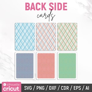 May include: Six different back designs for playing cards. The designs include a blue and white plaid, an orange and white plaid, a green and white plaid, a blue dotted pattern, a red dotted pattern, and a green dotted pattern.