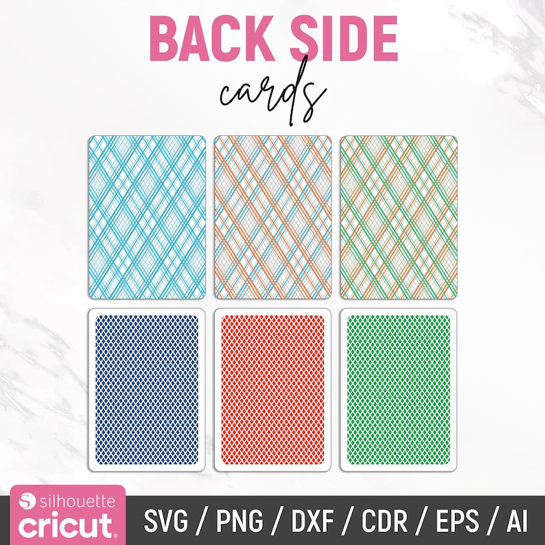 May include: Six different back designs for playing cards. The designs include a blue and white plaid, an orange and white plaid, a green and white plaid, a blue dotted pattern, a red dotted pattern, and a green dotted pattern.