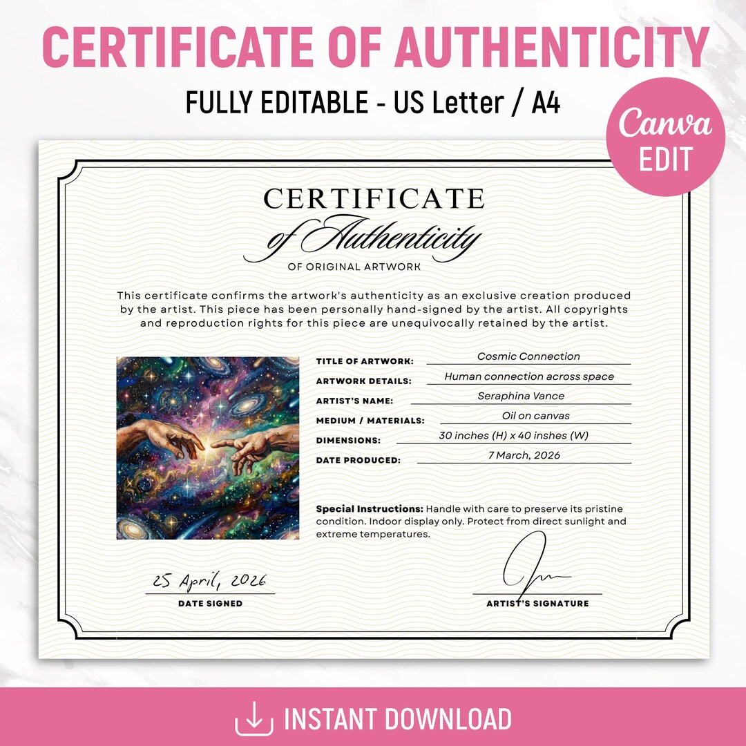 Certificate of Authenticity for Artwork Template, Certificate Template ...