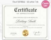 Certificate Of Appreciation Template, Certificate Template, Editable Appreciation Certificate, Certificate with Gold Seal, Canva Editable