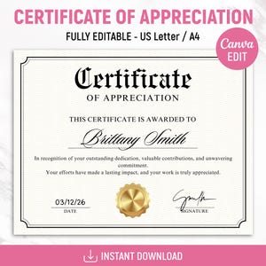 Può includere: Un certificato di apprezzamento con intestazione e piè di pagina rosa. Il certificato ha un bordo decorativo e include il testo "Certificate of Appreciation". Il certificato è completamente modificabile e disponibile nei formati US Letter e A4.