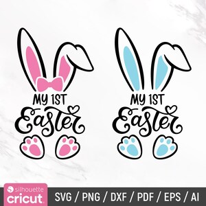 May include: Two bunny ear designs with the text "My 1st Easter" in a script font. One design has pink bunny ears and pink paw prints. The other design has blue bunny ears and blue paw prints.