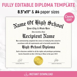 High School Diploma, Home School Diploma, Diploma Template, Printable Certificate With Seal, Diploma Replica Template, Canva Editable