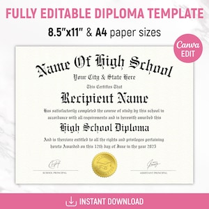 High School Diploma, Home School Diploma, Diploma Template, Printable Certificate With Seal, Diploma Replica Template, Canva Editable