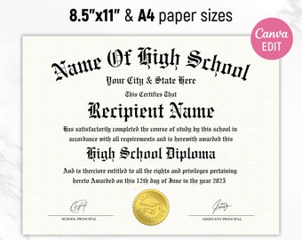 Diploma de escuela secundaria, Diploma de escuela en casa, Plantilla de diploma, Certificado imprimible con sello, Plantilla de réplica de diploma, Canva editable