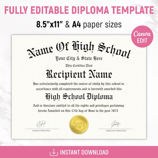 Diplôme d'études secondaires, Diplôme d'études collégiales, Modèle de diplôme, Certificat imprimable avec sceau, Modèle de réplique de diplôme, Toile modifiable