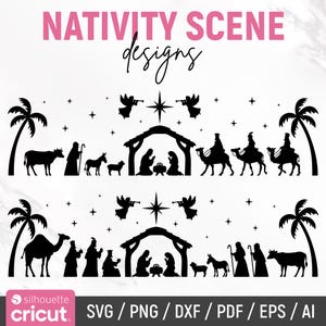 Op de afbeelding: Zwarte silhouetontwerpen van kerststallen met de tekst "NATIVITY SCENE designs". De ontwerpen omvatten palmbomen, engelen, sterren en figuren uit het kerstverhaal. De afbeelding bevat ook de logo's van Silhouette en Cricut.