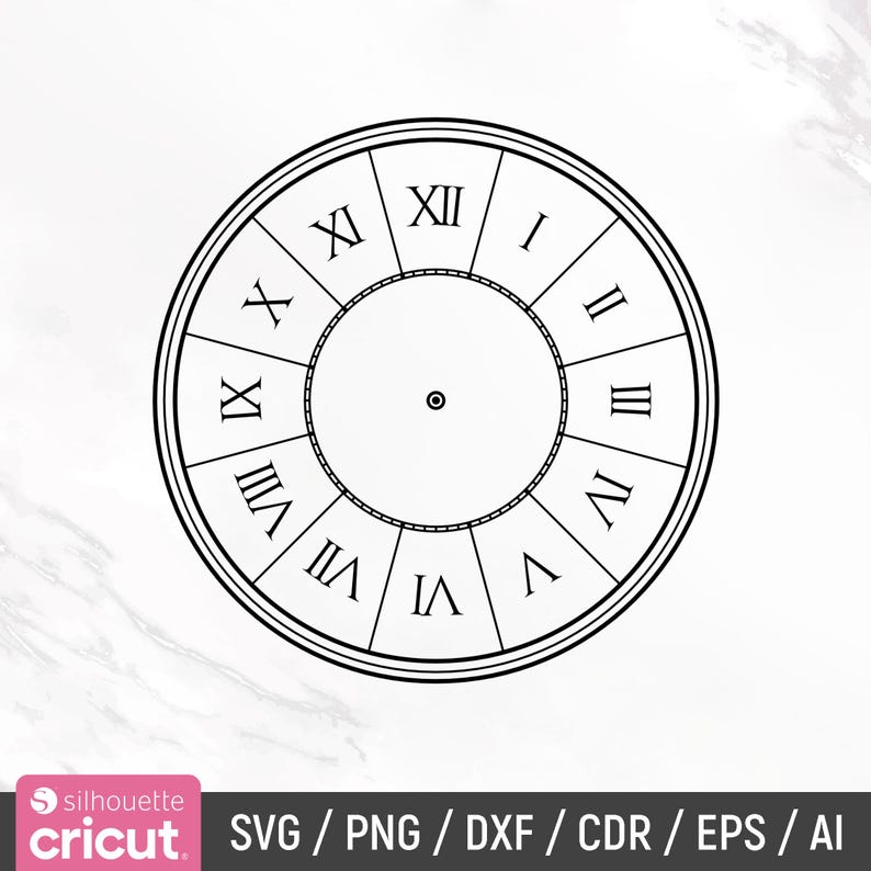 May include: A black and white clock face with Roman numerals. The clock face is circular and has a small circle in the center.