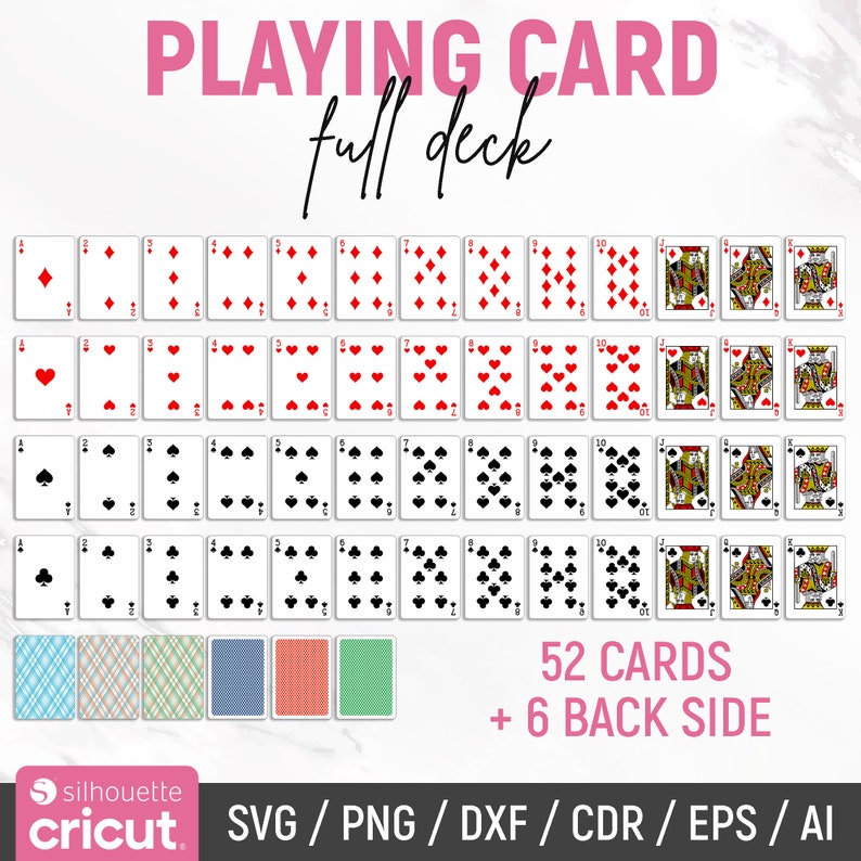 May include: A full deck of playing cards with 52 cards and 6 back sides. The cards are arranged in rows and columns, with each card showing its suit and number. The cards are white with black and red suits. The text "PLAYING CARD full deck" is at the top of the image. The text "52 CARDS + 6 BACK SIDE" is at the bottom of the image.