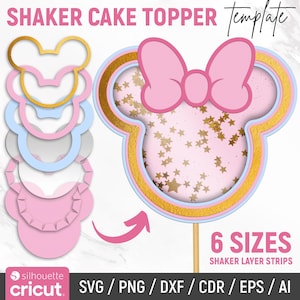 Puede incluir: Plantilla de adorno para tarta con agitador rosa, dorado y azul en forma de cabeza de ratón con lazo. El adorno tiene un centro transparente lleno de confeti de estrellas doradas. El texto "SHAKER CAKE TOPPER" y "6 TAMAÑOS" son visibles.