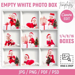 Könnte beinhalten: Eine Vorlage für Fotoboxen mit Rasterlayout. Das Bild zeigt neun weiße Boxen, in denen jeweils ein Baby in einem roten Weihnachtsmann-Anzug zu sehen ist. Die Babys interagieren mit Geschenken und kleinen Weihnachtsbäumen. Text enthält "EMPTY WHITE PHOTO BOX templates" und "1/4/9/16 BOXES".