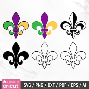 May include: Six different variations of a fleur-de-lis design. The designs are in black, white, green, yellow, and purple.