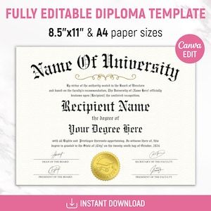 University Diploma, College Diploma, College Degree Template, Printable Certificate With Seal, Diploma Replica Template, Canva Editable