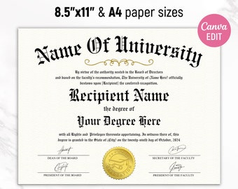 University Diploma, College Diploma, College Degree Template, Printable Certificate With Seal, Diploma Replica Template, Canva Editable