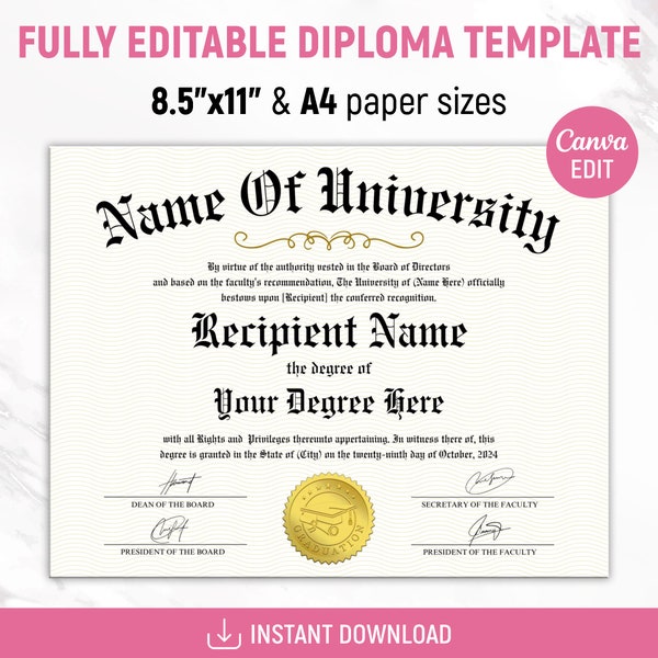 University Diploma, College Diploma, College Degree Template, Printable Certificate With Seal, Diploma Replica Template, Canva Editable