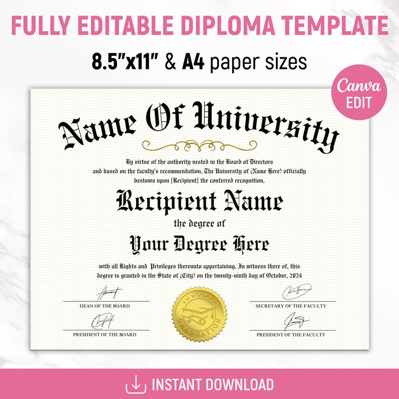 University Diploma, College Diploma, College Degree Template, Printable