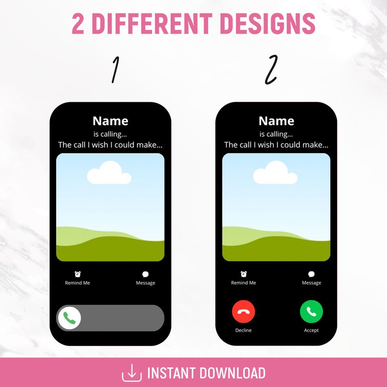 May include: Two different designs for a mobile phone screen showing an incoming call. The first design shows a green landscape with a white cloud in the sky. The second design shows the same landscape with a red decline button and a green accept button.
