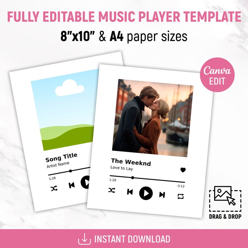Peut inclure: Mod&egrave;le de lecteur de musique &eacute;ditable en format 8x10 pouces et A4. Le mod&egrave;le pr&eacute;sente un fond blanc avec une interface de lecteur de musique noire. L'interface comprend un titre de chanson, un nom d'artiste, des boutons de lecture/pause, un curseur de volume et une zone d'image &agrave; glisser-d&eacute;poser. Le mod&egrave;le est parfait pour cr&eacute;er des designs de lecteurs de musique personnalis&eacute;s.