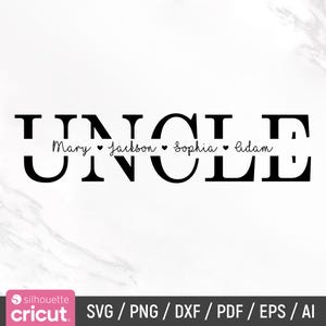 以下が含まれることがあります： 「UNCLE」という単語を大きく太字で書いた白黒のグラフィックデザイン。 「Mary」「Jackson」「Sophia」「Adam」という名前は、「UNCLE」という単語の下に、各名前の間にハートマークを入れて、筆記体で書かれています。