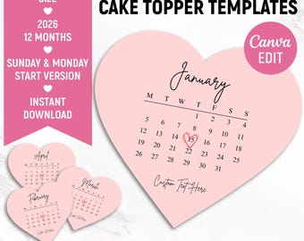 2026 Burn Away Cake Topper Kalendervorlage, Benutzerdefinierte Herz Cake Topper, Kalender bedruckbar, Geburtstagstorte Topper, bedruckbar, Canva bearbeitbar