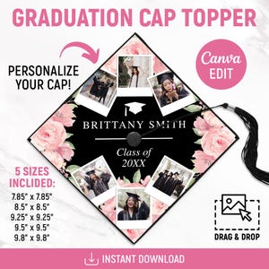 Könnte beinhalten: Ein schwarzer Abschlusskappen-Topper mit rosa floralen Akzenten und Fotos. Der Topper enthält den Text "Graduation Cap Topper", "Personalize Your Cap!", "Brittany Smith" und "Class of 20XX". Fünf Größen sind aufgeführt: 19.9cm x 19.9cm, 21.6cm x 21.6cm, 23.5cm x 23.5cm, 24.1cm x 24.1cm und 24.9cm x 24.9cm.