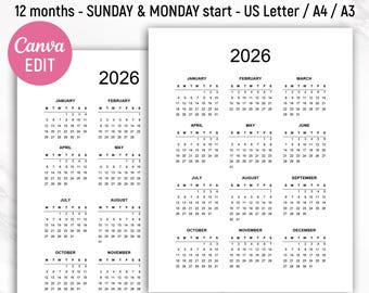 May include: 2026 calendar template with 12 months, Sunday & Monday start, US Letter, A4, and A3 sizes. The calendar features a clean, minimalist design with each month clearly displayed. Includes a Canva edit option and instant download.