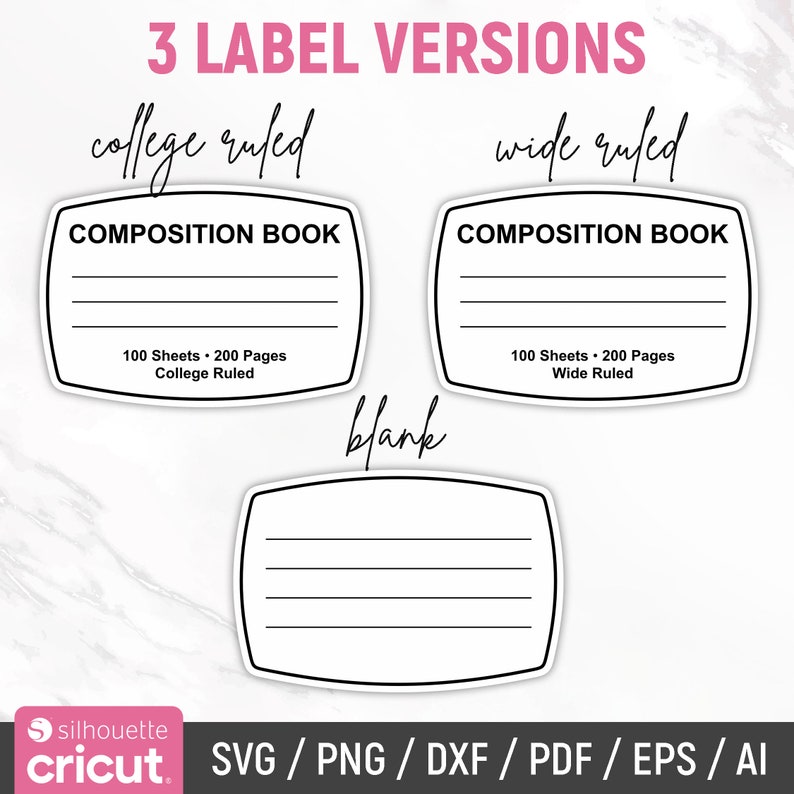 May include: Three printable labels for composition books. The labels are in a rounded rectangle shape with a black outline. The first label says "COMPOSITION BOOK" with the text "100 Sheets - 200 Pages College Ruled" below. The second label says "COMPOSITION BOOK" with the text "100 Sheets - 200 Pages Wide Ruled" below. The third label is blank.