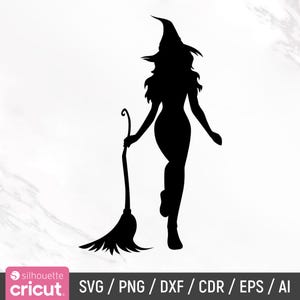 May include: Black silhouette of a witch holding a broom. The witch is wearing a pointed hat and has long hair.